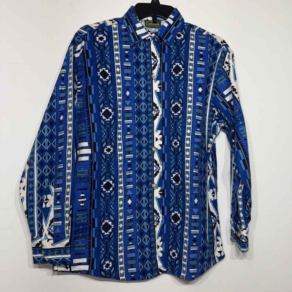 Cabelas Womens Shirt Large Blue‎ Flannel Western Aztec Southwestern Button Up